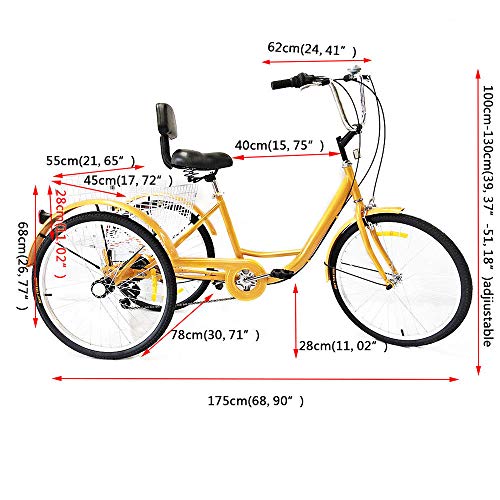 MINUS ONE Triciclo para adultos adultos triciclo bicicleta con 3 ruedas, bicicleta para personas mayores, 24 pulgadas, 6 marchas Shimano (amarillo sin luz)