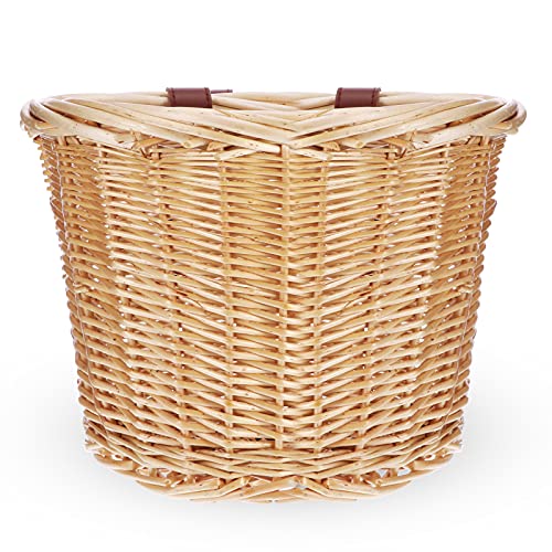 Miouldram Cesta de bicicleta vintage Wicker para bicicleta, cesta tejida a mano, cesta de bicicleta única, correa de piel marrón claro, manillar delantero, cesta de ratán para niños, niñas, bicicleta