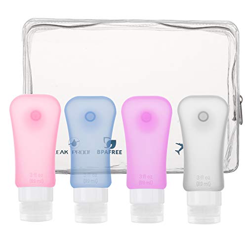 MoKo Botella de Viaje - Anti-Fugas & Rellenable/Compresible Silicona Travel Bottles Set para Champú, Bálsamo, Crema de Baño, Loción, Libre de BPA, FDA Aprobado - Azul & Blanco * Rosa & Morado