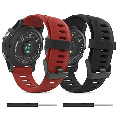 MoKo Pulsera Compatible con Fenix 3/3 HR/5X/5X Plus/D2 Delta PX/Tactix Bravo/Descent Mk1/Quatix 3, [2 Pzs] Correa de Silicona Respirable y Reemplazable, Banda de Reloj Deportivo - Negro & Rojo Oscuro