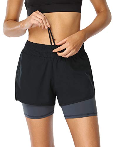 MOVE BEYOND Pantalón Corto de Running 2 en 1 para Mujer con Bolsillo con Cremallera Cordón Fitness Maratón Yoga Shorts, Negro y Gris Oscuro, L