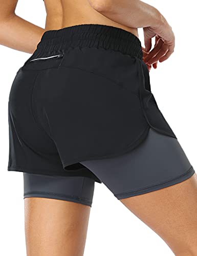 MOVE BEYOND Pantalón Corto de Running 2 en 1 para Mujer con Bolsillo con Cremallera Cordón Fitness Maratón Yoga Shorts, Negro y Gris Oscuro, L