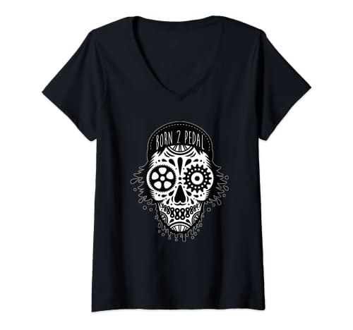 Mujer Born 2 Pedal, Fixe Single Speed Commuter Bike, Bicycle Skull Camiseta Cuello V