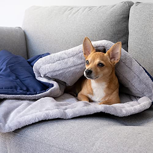 Navaris Saco de Dormir para Perros - Bolsa de Dormir para Mascotas Gato Perro Mascota pequeña Mediana - Manta con Capucha de 90 x 70 CM - Azul y Gris