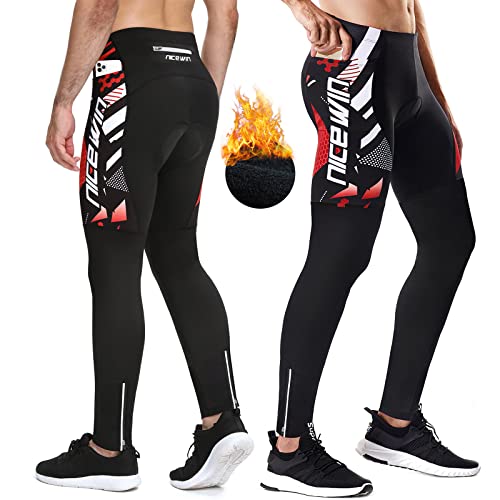 NICEWIN Pantalones de Ciclismo para Hombre con Acolchado 3D, Mallas largas para Bicicleta de Carretera con Bolsillos para Montar al Aire Libre, Polar Rojo XL