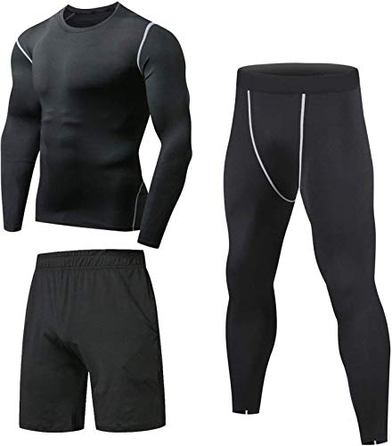 Niksa 3 Piezas Conjunto de Compresion Hombre, Camisetas Compression Mallas Running Pantalon Corto Deporte Ropa Deportiva Hombre para Running Correr Gym Fitness