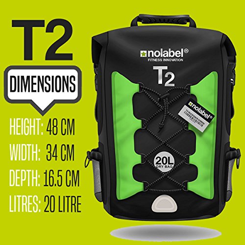 No Label Mochila Deportiva de 20L Impermeable - T2 Mochila para Ciclismo Running Triatlón y Deportes acuáticos. Protege del Polvo, la Arena, el Agua y la Suciedad Color Negro/Verde, tamaño