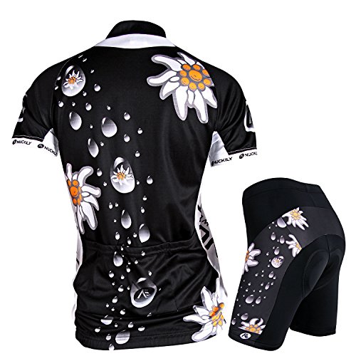 NUCKILY Ciclismo Jersey mujeres manga corta conjunto bicicleta camisa chaqueta superior acolchada pantalones cortos secado rápido Montaña montar ropa trajes, Negro, L (160/165 cm)