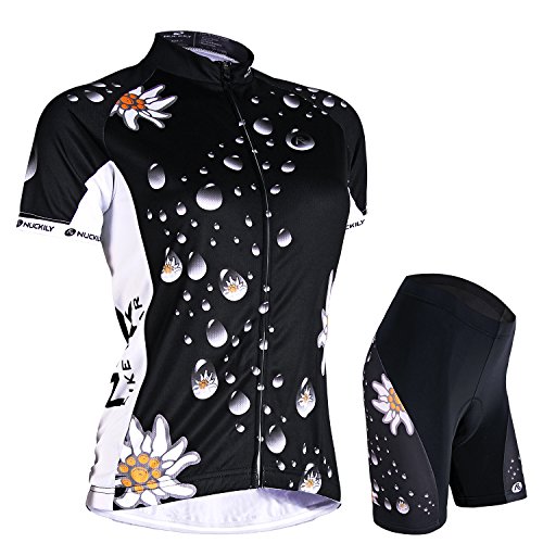 NUCKILY Ciclismo Jersey mujeres manga corta conjunto bicicleta camisa chaqueta superior acolchada pantalones cortos secado rápido Montaña montar ropa trajes, Negro, L (160/165 cm)