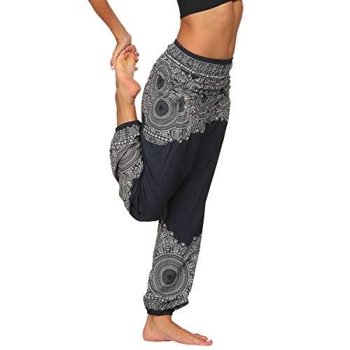 Nuofengkudu Mujer Hippies Pantalones Harem Tailandeses Boho Estampados Bolsillos Cintura Alta Baggy Yoga Pants Verano Playa Fiesta (Negro A,Talla única)