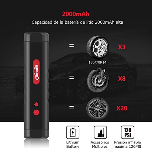 oasser Compresor de Aire Portátil Mini Bomba de Inflado Eléctrica con Indicador de Presión LCD Digital de 120PSI 2000mAh Batería de Litio 12V/DC 20 litros/Min P1S