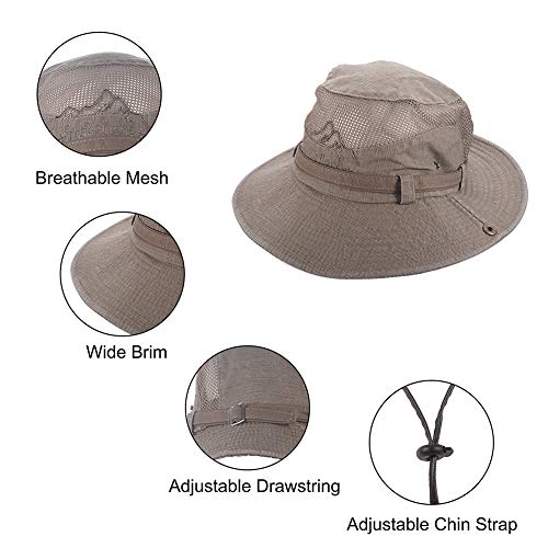 Obling Sombrero de Sol de algodón, protección UV, Sombrero de Verano Sombrero de Playa, Sombrero de Safari Sombrero de Pesca Plegable con Malla Transpirable y Correa Ajustable (Caqui)