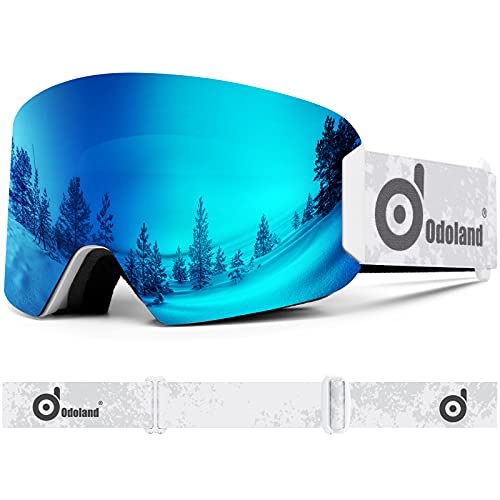  Odoland Gafas de esquí con lente desmontable sin marco,  antivaho, con 100 % de protección contra rayos ultravioletas, para hombres  y mujeres, compatible con casco, marco negro + 15 % rojo