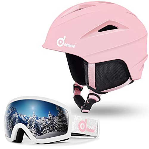 Odoland Kit Casco Esquí con Gafas Esquí, Casco Snowboard con Gafas Esquí para Hombres, Mujeres y Jóvenes, Casco Unisex a Prueba de Golpes y Viento, Set Casco Deportes Invierno, Rosa, S: 54-56 cm