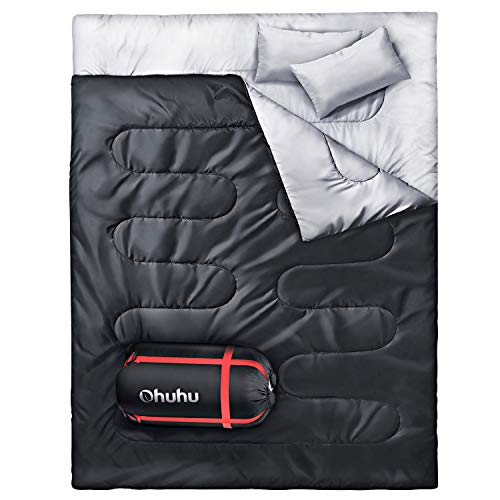 Ohuhu Saco de Dormir Doble Enorme con 2 Almohadas Gratis y una Bolsa de Transporte, Cuatro Doble Tiradores de la Cremallera - Temperatura Cómodo: 0 ° C / 32F ~ 10 ° C / 50F (Negro)