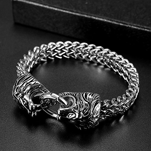 OIDEA Pulsera Brazalete Ancho para Hombre Acero Inoxidable Punk Rock Biker Cierre de Dual Cabeza de León Joyería de Moda Regalo Original Chulo para Amor Pareja, Plata