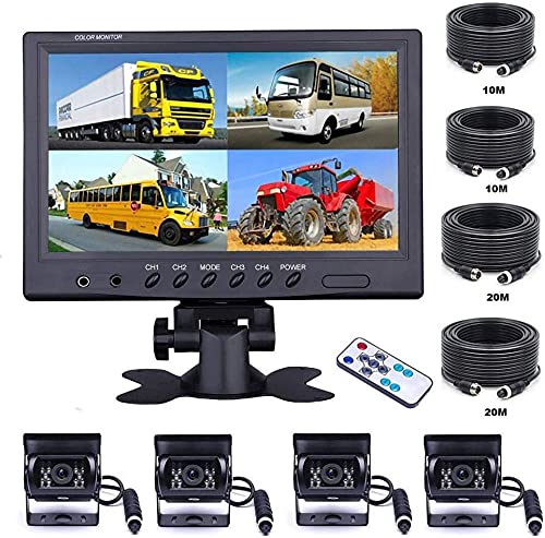 OiLiehu 9 '' Cámara De VisióN Trasera para AutomóVil con 4 Monitores Separados Vista Frontal, 4 X CáMara de AutomóVil con Cable, con Cables de 2 X 10 m y 2 X 20 m, para Camiones, Remolques, Autobuses