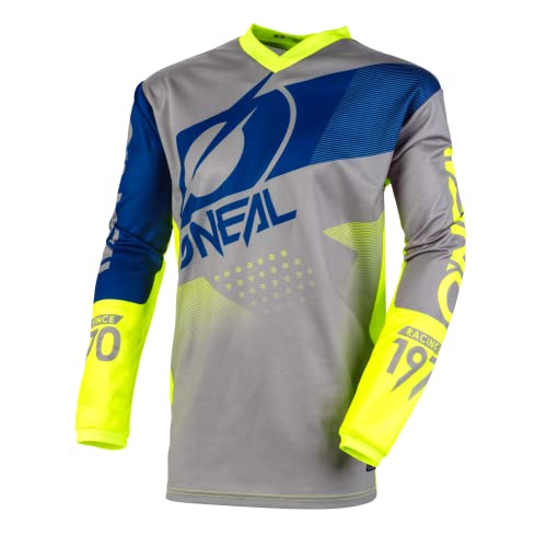 O'Neal | Camiseta de Manga Larga de Mountainbike | MTB DH FR | Material Transpirable, protección Acolchada para los Codos | Element Youth Jersey Factor | Niños | Gris, Azul y Amarillo neón | Talla XL