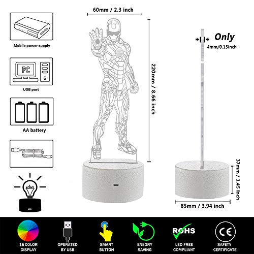 ONXE - Lámpara LED de luz nocturna 3D de superhéroe, 16 colores, regulable, con control táctil con base de grietas, mando a distancia, para niños y niñas, regalos (Iron Man)