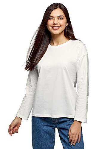 oodji Ultra Mujer Camiseta Holgada de Manga Larga, Blanco, ES 34 / XXS