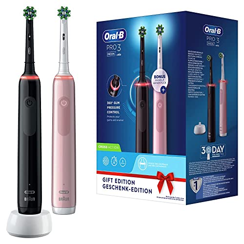 Oral-B PRO 3 Cepillos de Dientes Eléctricos (Pack de 2) con 2 Mangos Recargables, Tecnología Braun y 2 Cabezales de Recambio, Sensor de Presión Visible, 3900 - Rosa/Negro