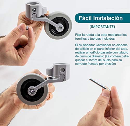 OrtoPrime Kit x2 RUEDAS Andadores Ancianos - Ruedas Traseras Adaptables a Andadores de Adultos - Casquillos Compatibles Tubo de 30mm 25mm y 22mm - Freno a la Carga por Presión y Fácil Instalación