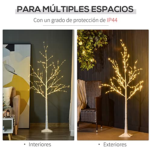 Outsunny Árbol de Abedul 150 cm de Altura con 210 Luces LED en Blanco Cálido Ramas Flexibles y Base para Decoración de Fiestas Cumpleaños Bodas 20x20x150 cm Blanco