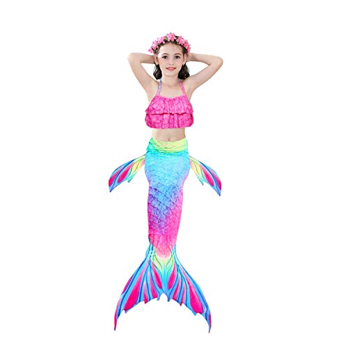 PaisDola Cola de Sirena niña para Nadar Incluido Traje de Sirena baño de Bikini de 3 Piezas y Diadema con guirnaldas de Flores (DH95RH,110)