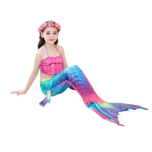 PaisDola Cola de Sirena niña para Nadar Incluido Traje de Sirena baño de Bikini de 3 Piezas y Diadema con guirnaldas de Flores (DH95RH,110)