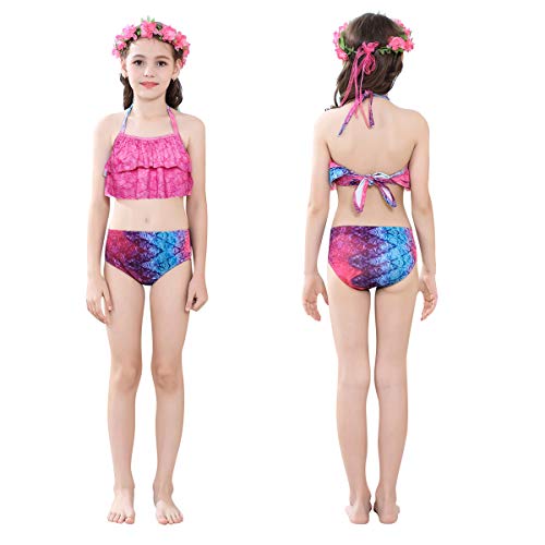 PaisDola Cola de Sirena niña para Nadar Incluido Traje de Sirena baño de Bikini de 3 Piezas y Diadema con guirnaldas de Flores (DH95RH,110)