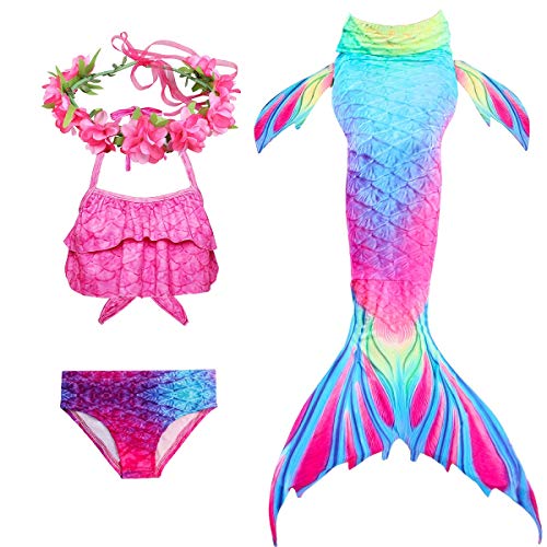 PaisDola Cola de Sirena niña para Nadar Incluido Traje de Sirena baño de Bikini de 3 Piezas y Diadema con guirnaldas de Flores (DH95RH,110)