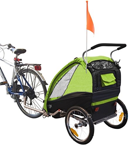 Papilioshop Fox - Remolque con carrito de bicicleta para el transporte de 1 niño (incluye rueda delantera giratoria, plegable), Verde