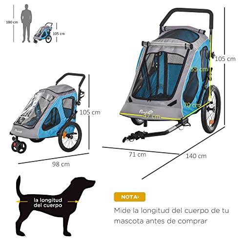 Pawhut Cochecito para Perros Carro para Mascotas Plegable 2 en 1 con Manillar Rueda Delantera Giratoria 360° Enganche Retráctil Tela Oxford Carga 30 kg 140x71x105 cm Azul Gris