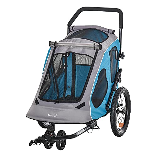 Pawhut Cochecito para Perros Carro para Mascotas Plegable 2 en 1 con Manillar Rueda Delantera Giratoria 360° Enganche Retráctil Tela Oxford Carga 30 kg 140x71x105 cm Azul Gris