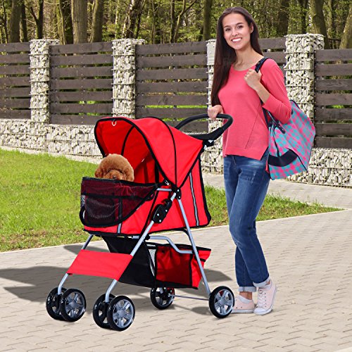 PawHut Cochecito Plegable Mascotas Carrito para Perros Gatos con Cuatro Ruedas Cesta de Almacenaje Ventanas y Portavasos Tela Oxford Marco de Acero 75x45x97 cm Rojo