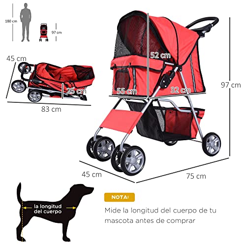 PawHut Cochecito Plegable Mascotas Carrito para Perros Gatos con Cuatro Ruedas Cesta de Almacenaje Ventanas y Portavasos Tela Oxford Marco de Acero 75x45x97 cm Rojo