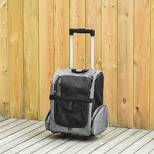 Pawhut Transportín Carrito para Mascotas 2 en 1 Mochila de Viaje con 2 Ruedas para Perros Gatos con Asa Retráctil de Aluminio y Bolsillos de Almacenaje 42x25x55 cm Gris