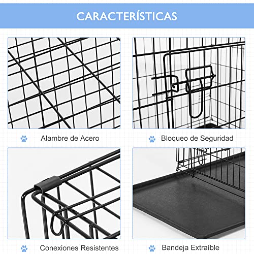 PawHut Transportín de Perro de 2 Puertas Jaula de Alambre para Perros Plegable con Asa Acero 122x77x82cm Negro