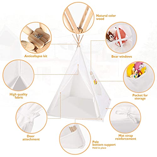 Peradix Tiendas de campaña para niños,Tipi Infantil con Alfombra Accesorios Grande De Juego Interior y Exterior Tipi Indio para niños Tienda Campaña Infantil Juguetes Niños con empavesado (Blanco)