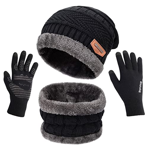 Petrunup Gorros Circulares Bufanda y Guantes Establecidos Señoras de Los Hombres Pantalla Táctil Guantes Cuello Slouch Beanie,Negro