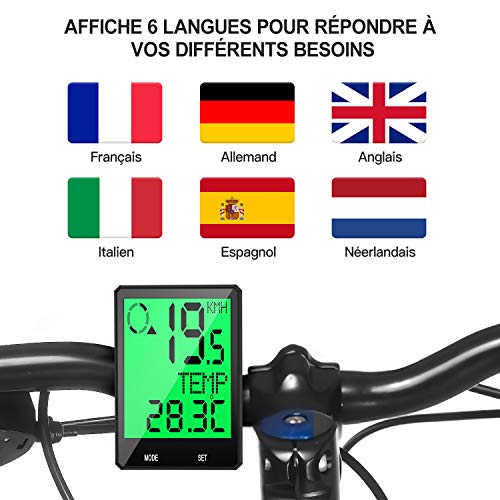 Prumya - Contador de bicicleta inalámbrico con 6 idiomas, impermeable, gran pantalla LCD, retroiluminación, multifunción, contador kilométrico, temperatura, velocidad, fácil de montar y programar