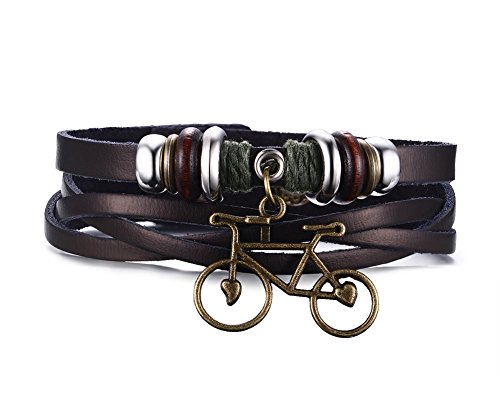 Pulsera de cuero auténtico con abalorio de bicicleta de aleación, vintage, punk, regalo ideal, para hombre, de Joielavie Jewellery