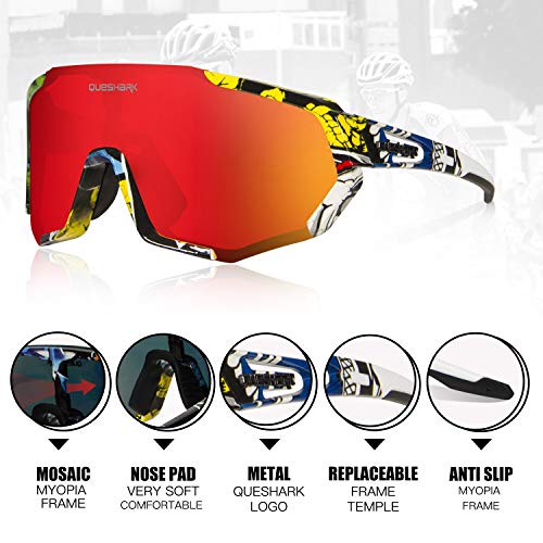 Queshark Gafas Ciclismo CE Certification 1 Polarizadas 4 HD Lentes Intercambiables UV 400 Gafas,Corriendo,Moto MTB Bicicleta Montaña,Camping y Actividades al Aire Libre para Hombres y Mujeres TR-90