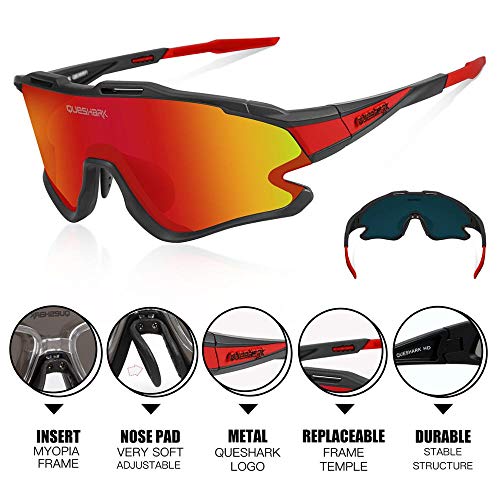 Queshark Gafas Ciclismo Deportivas con Montura MTB TR90 Gafas de Bicicleta para Hombres Mujeres con 1 Polarizadas 3 HD Lentes Intercambiables Anti-UV400 QE0051