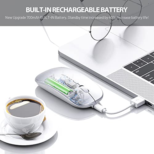 Raton inalámbrico, Inphic 2.4G Raton inalámbrico Recargable con Receptor USB, 3 Niveles Ajustables De dpi para Computadora PortáTil, Pc, Mac, Computadora, Macbook, Plata