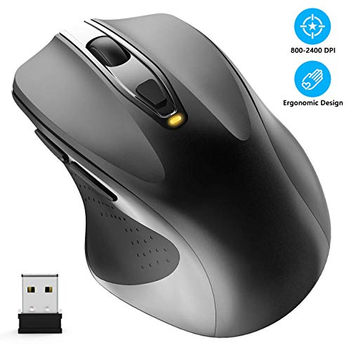 Ratón inalámbrico, WisFox 2.4G Óptico Ratón Ratón de computadora de Ratón ergonómico con USB receptor nano 6 botones (5 Niveles 2400 DPI, ambidiestro) para Microsoft Windows Vista7/8 Mac y Linux-Negro