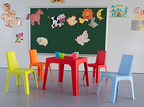 Resol Set Julieta Mesa Infantil y Sillas Mesa y Silla para Niños Muebles Infantiles Mesa exterior Mesa exterior jardín - 1 Mesa Naranja + 4 Sillas Roja/Rosa/Azul/Lima