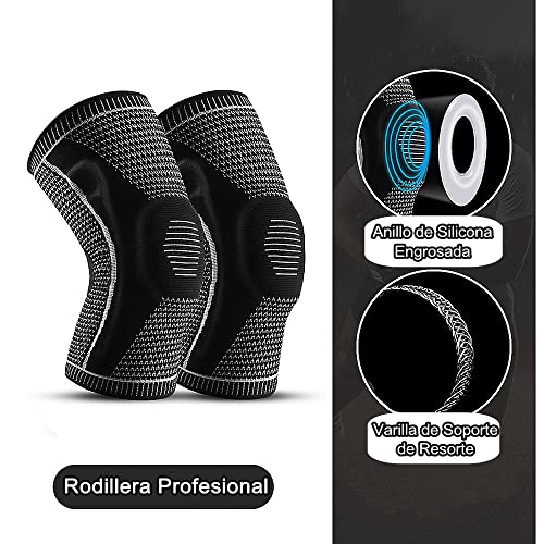 Rodilleras Deportiva -2 Pcs-Rodilleras de Compresión con Absorción de Impactos de Silicona y Soporte de Resorte,Rodilleras de Próoteccin para Montañismo/Carrera/Baloncesto/Ciclismo (Negro)