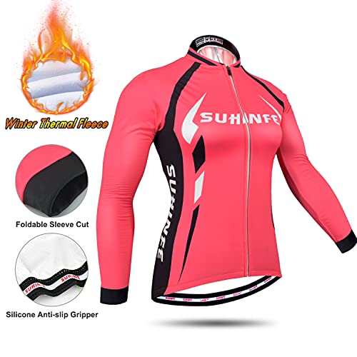 Ropa Ciclismo Invierno Mujer, Maillot Ciclismo Polar Térmico de Manga Larga y Pantalones Largos de Ciclismo Acolchados con Gel de Alta Densidad para Bicicleta de Carretera y MTB, Rojo, M