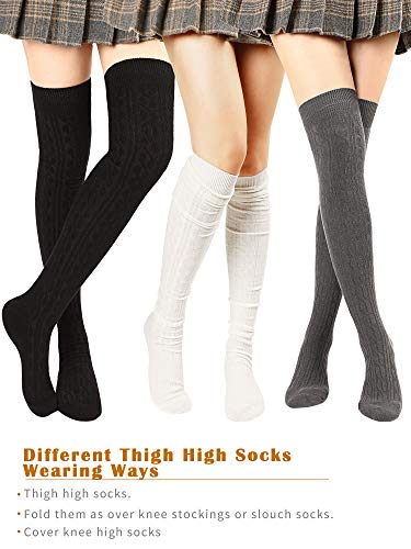 SATINIOR 3 Pares de Calcetines hasta Muslo Calcetines por Encima de Rodilla Muslo de Algodón Medias de Arranque de Punto Alto (Negro, Gris Oscuro y Blanco)